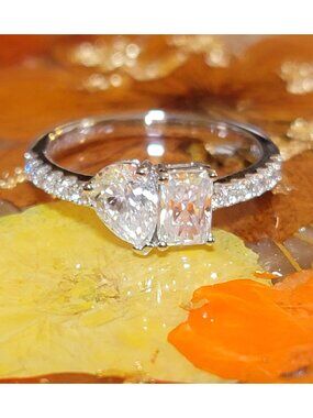 925 Silver Toi et Moi Moissanite Ring Pear Radiant Size 7 White Gold NWT